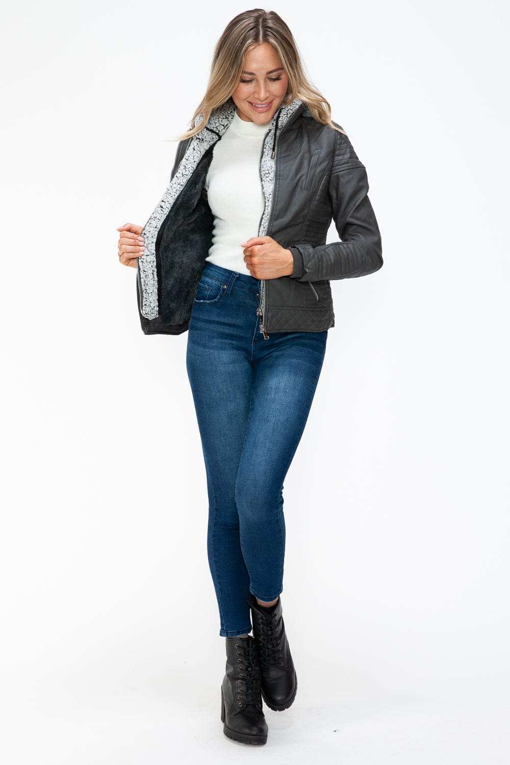 YMI Faux Layered Double-Zipper Jacket with Fuzzy Hood - Trendsi - Flyclothing LLC