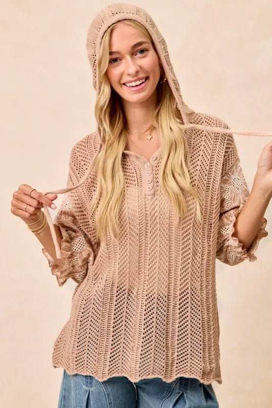 BiBi Jacquard Flower Puff Sleeve Hooded Knit Top - Trendsi - Flyclothing LLC