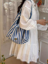 Striped Canvas Tote Bag - Trendsi - Flyclothing LLC