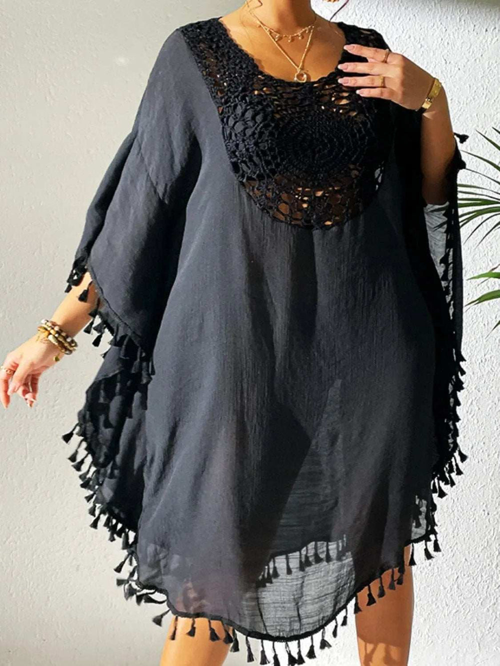 Tassel Cutout Scoop Neck Cover-Up Dress - Trendsi - Flyclothing LLC