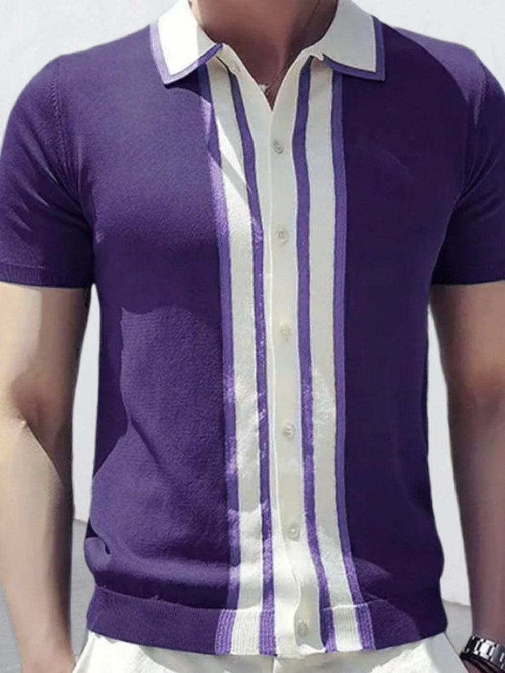 Men's Collared Neck Striped Contrast Knit Polo - Trendsi