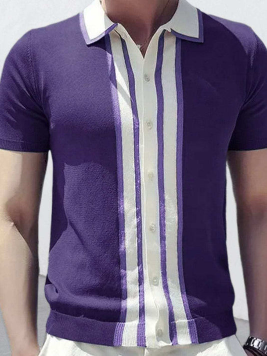 Men's Collared Neck Striped Contrast Knit Polo - Trendsi - Flyclothing LLC