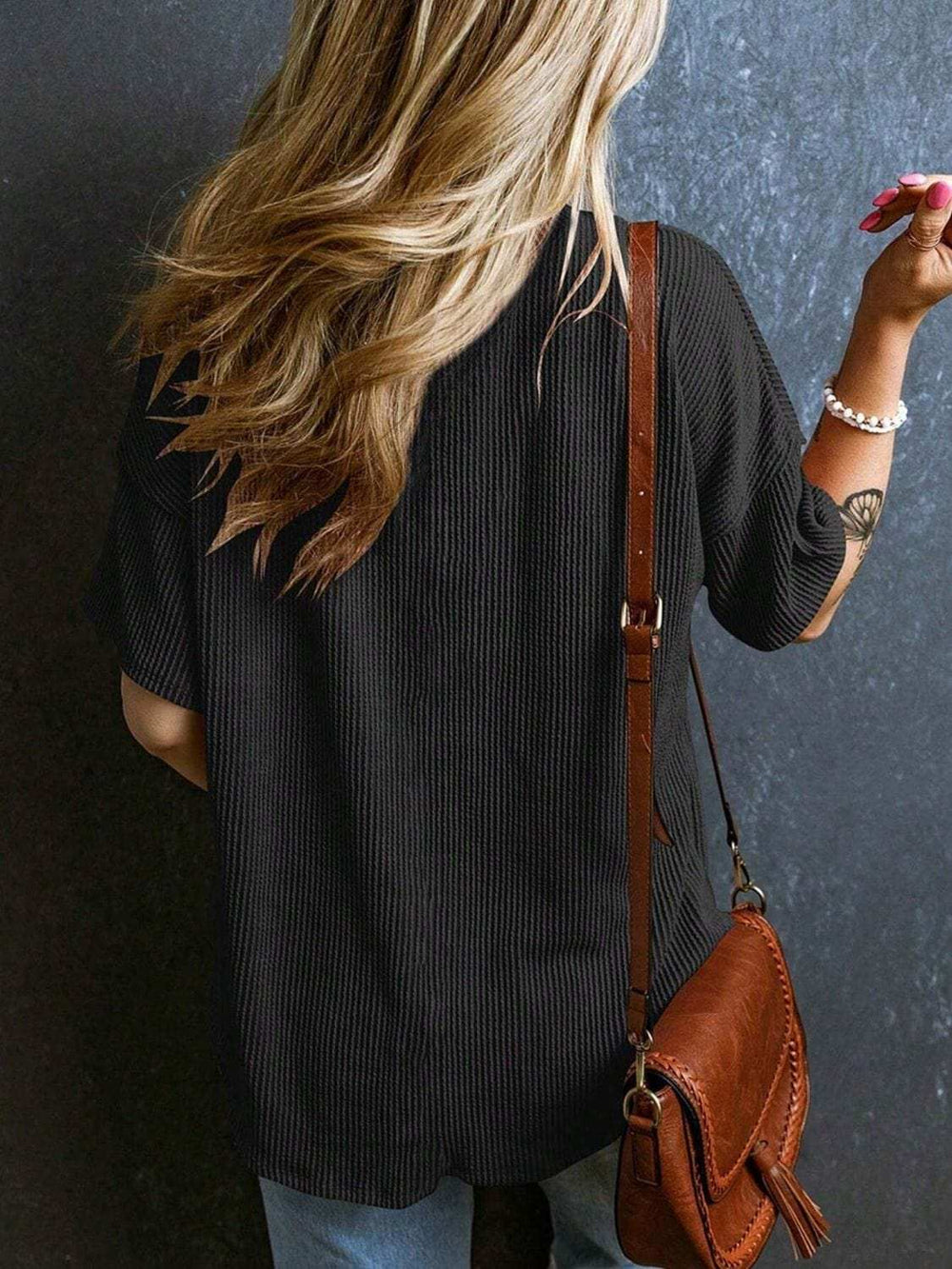 Textured V-Neck Half Sleeve T-Shirt - Trendsi - Flyclothing LLC