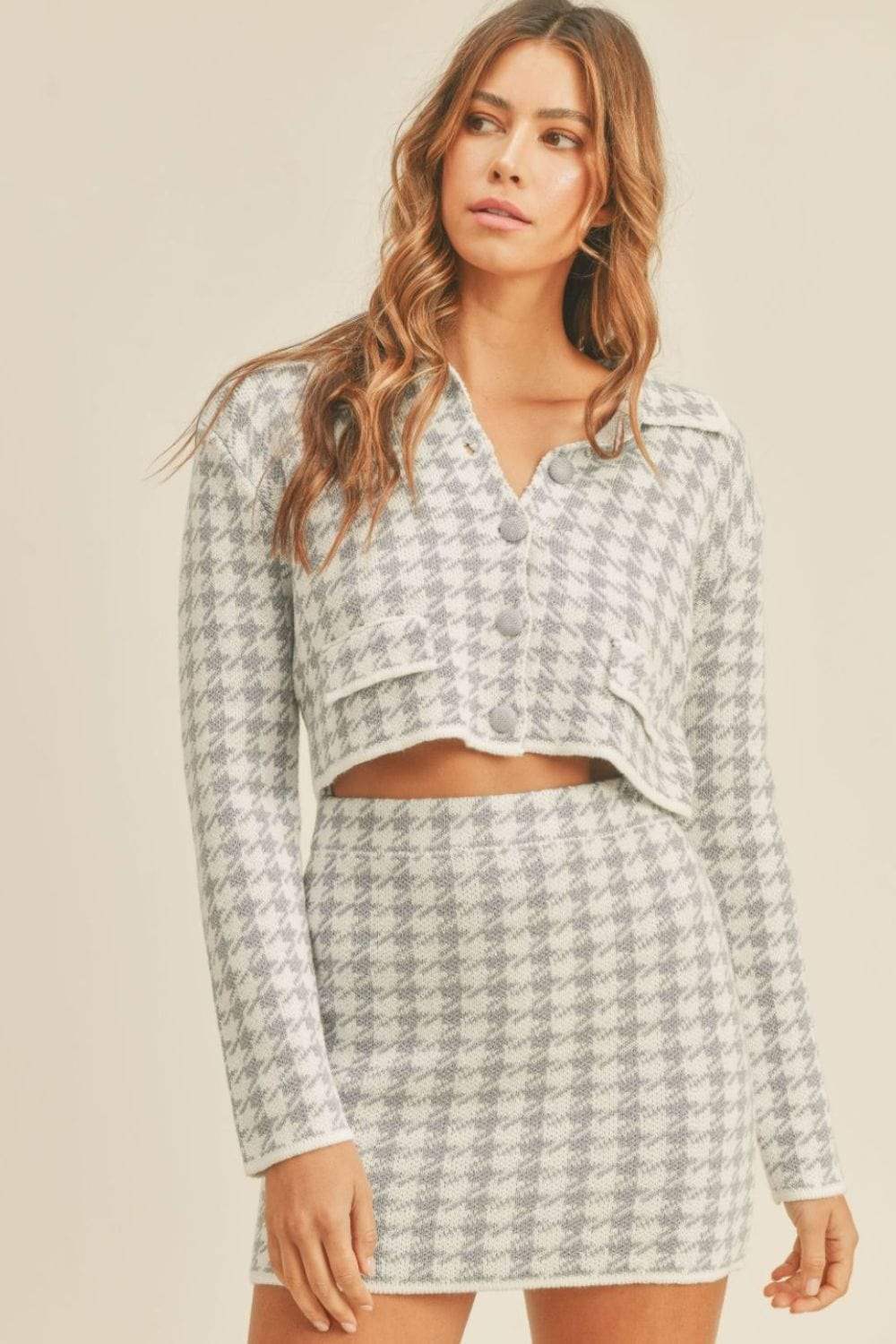 MABLE Houndstooth Cropped Knit Cardigan and Mini Skirt Set - Trendsi - Flyclothing LLC