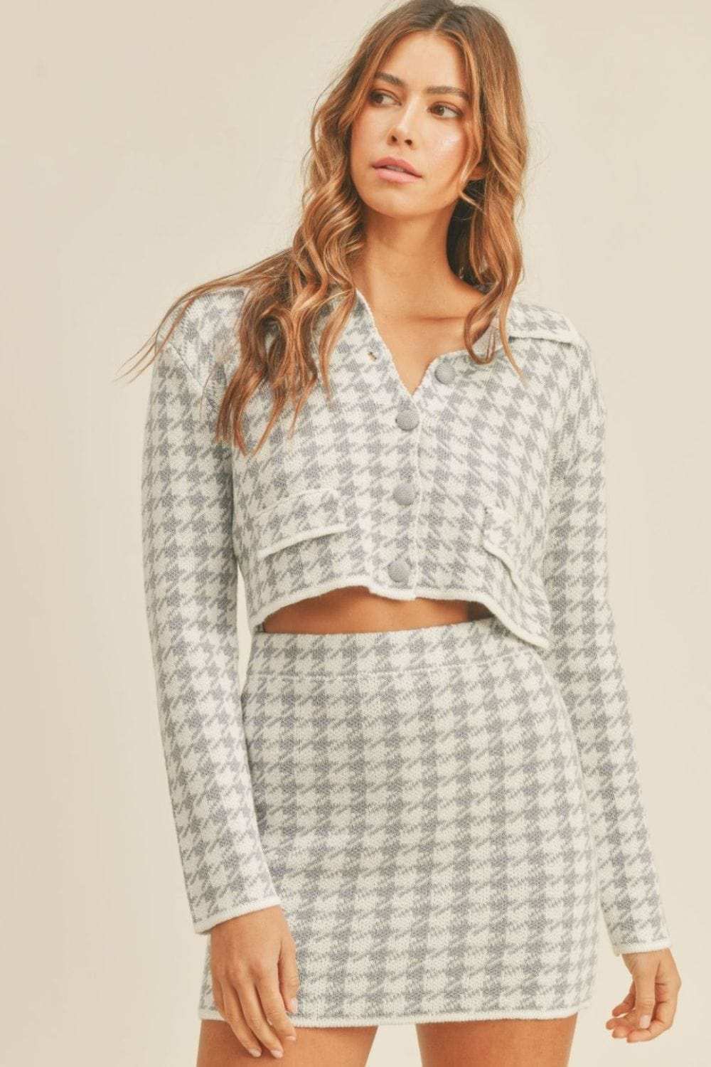 MABLE Houndstooth Cropped Knit Cardigan and Mini Skirt Set - Trendsi - Flyclothing LLC