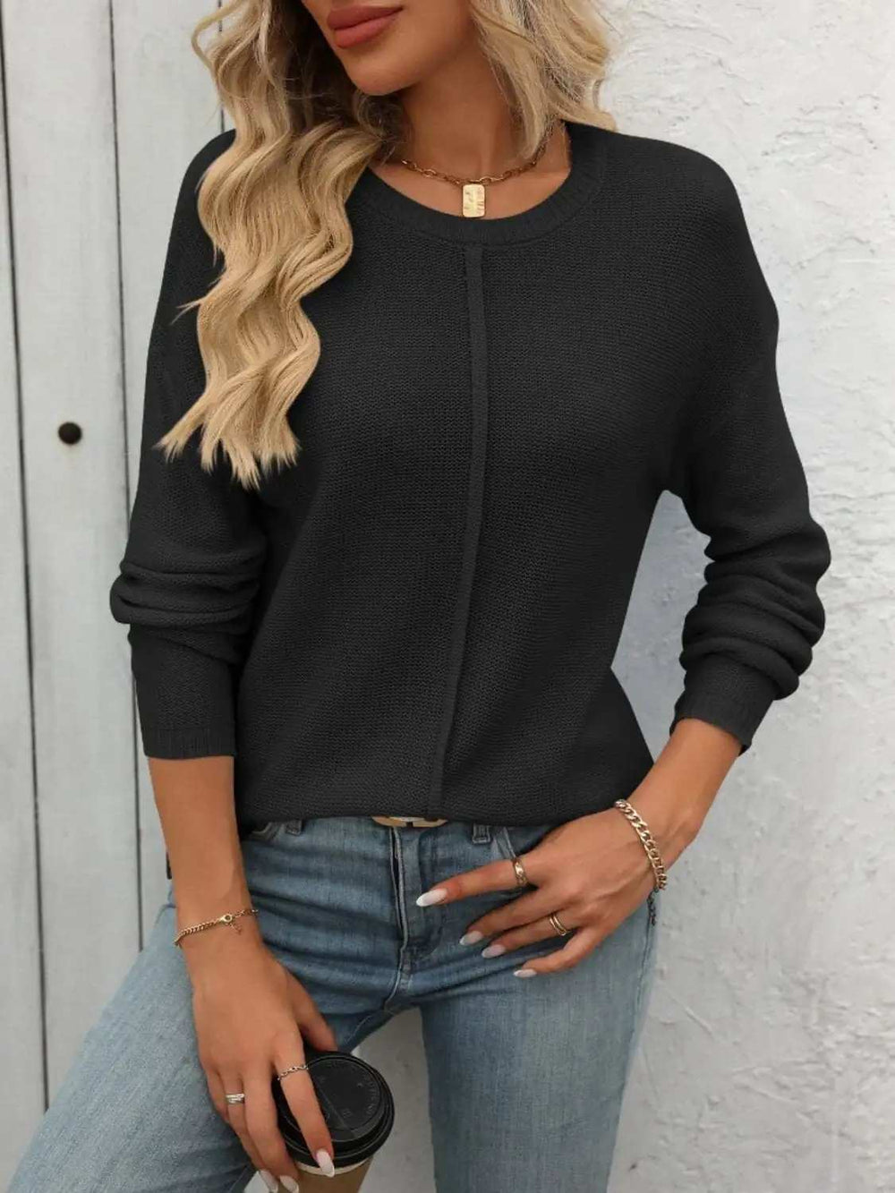 Round Neck Dropped Shoulder Knit Top - Trendsi - Flyclothing LLC