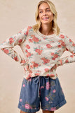 BiBi Floral Print Washed Waffle Thermal Top With Thumb - Trendsi - Flyclothing LLC