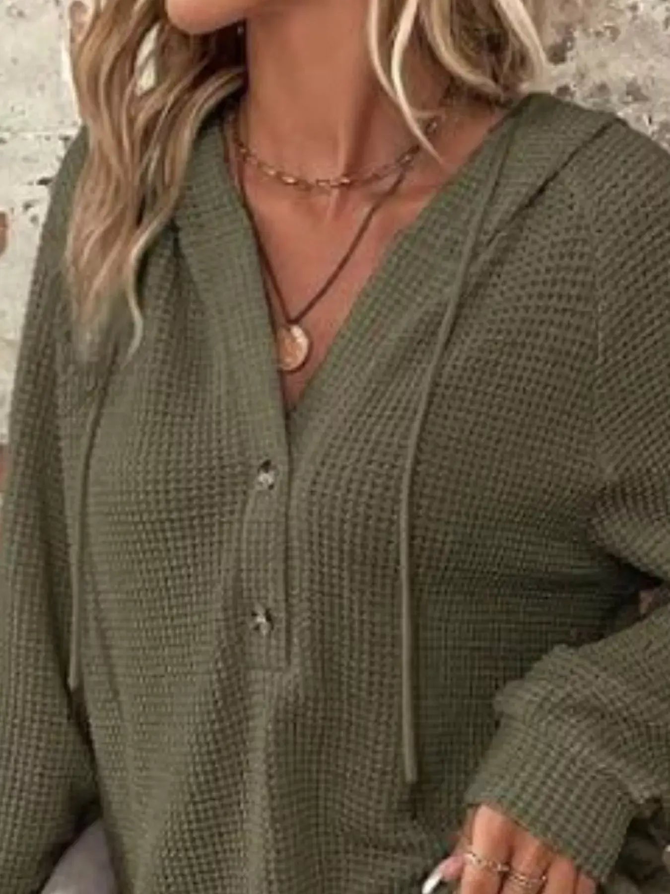 Waffle Knit Button Detail Hoodie - Trendsi - Flyclothing LLC