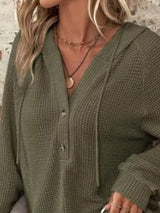 Waffle Knit Button Detail Hoodie - Trendsi - Flyclothing LLC