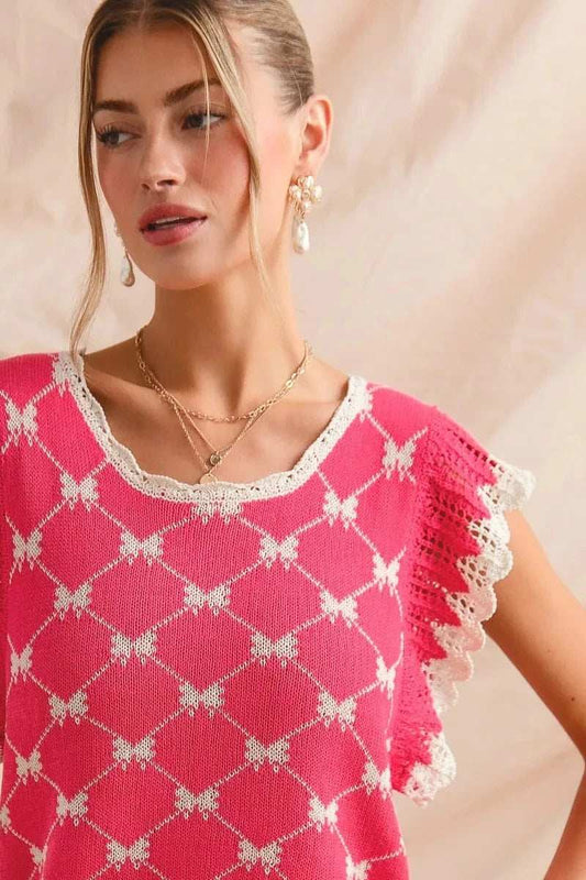 SO ME Bow Ribbon Pattern Sweater Top with Back Key Hole - Trendsi - Flyclothing LLC