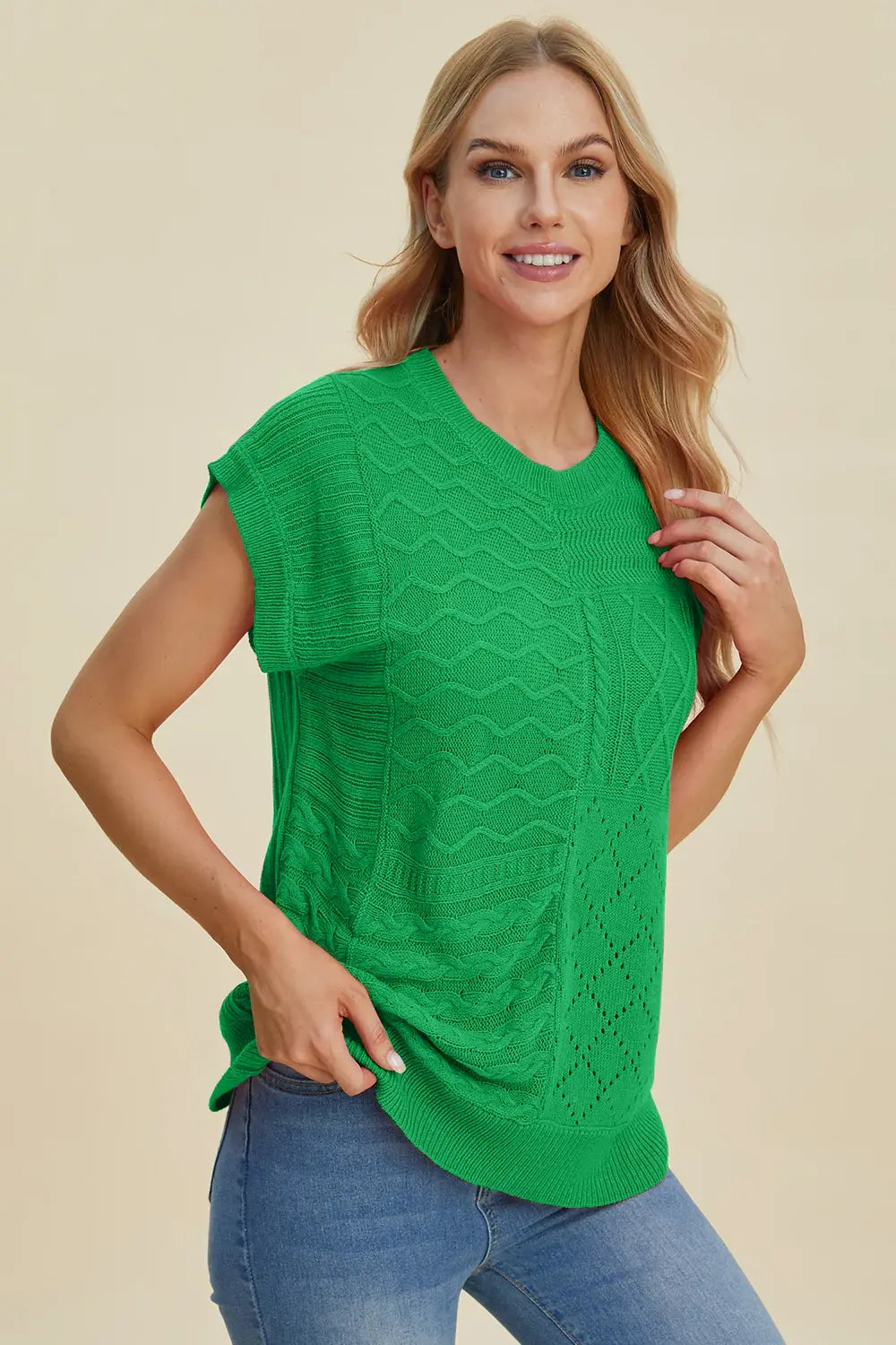Double Take Full Size Cable-Knit Round Neck Cap Sleeve Sweater - Trendsi - Flyclothing LLC