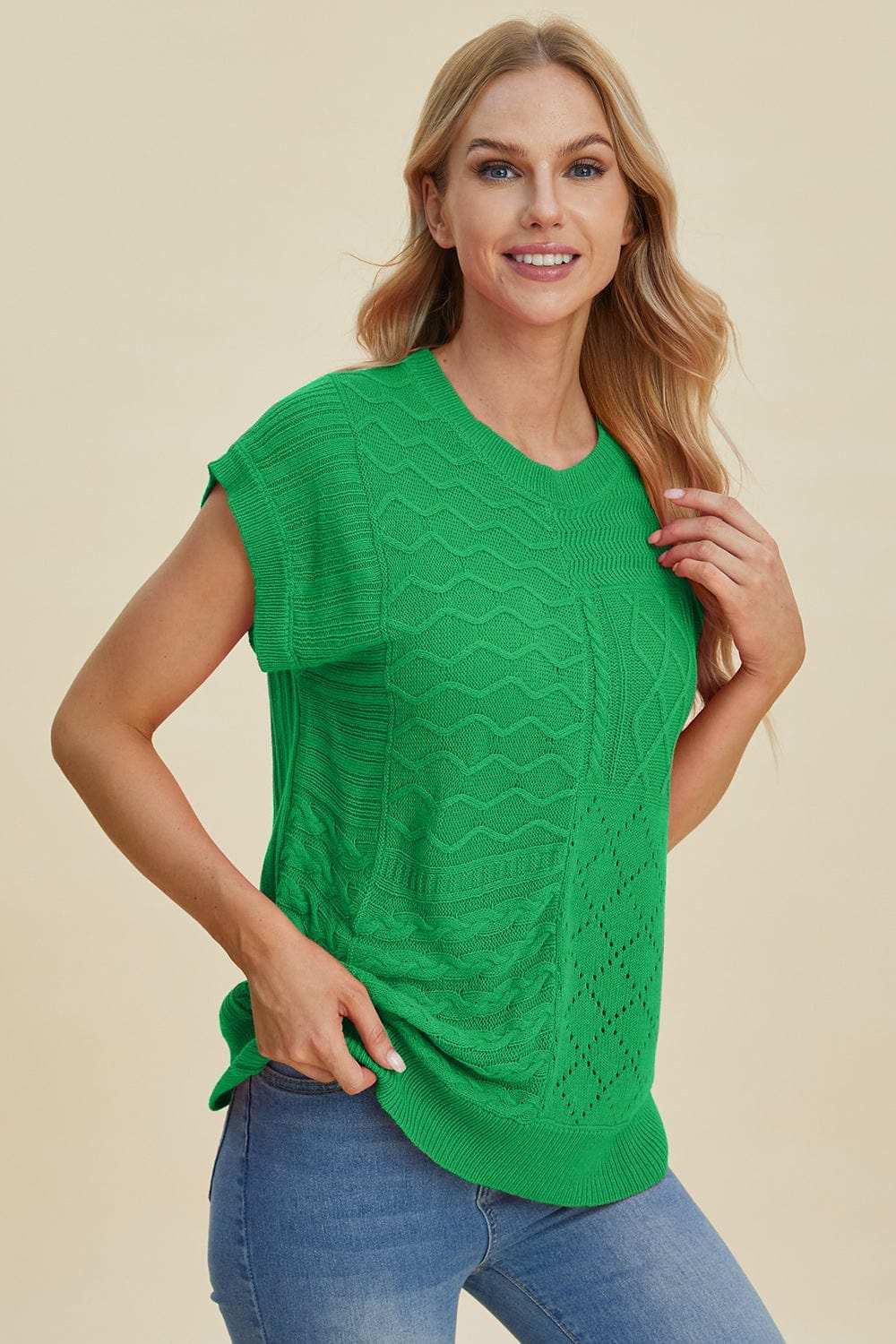 Double Take Full Size Cable-Knit Round Neck Cap Sleeve Sweater - Trendsi - Flyclothing LLC