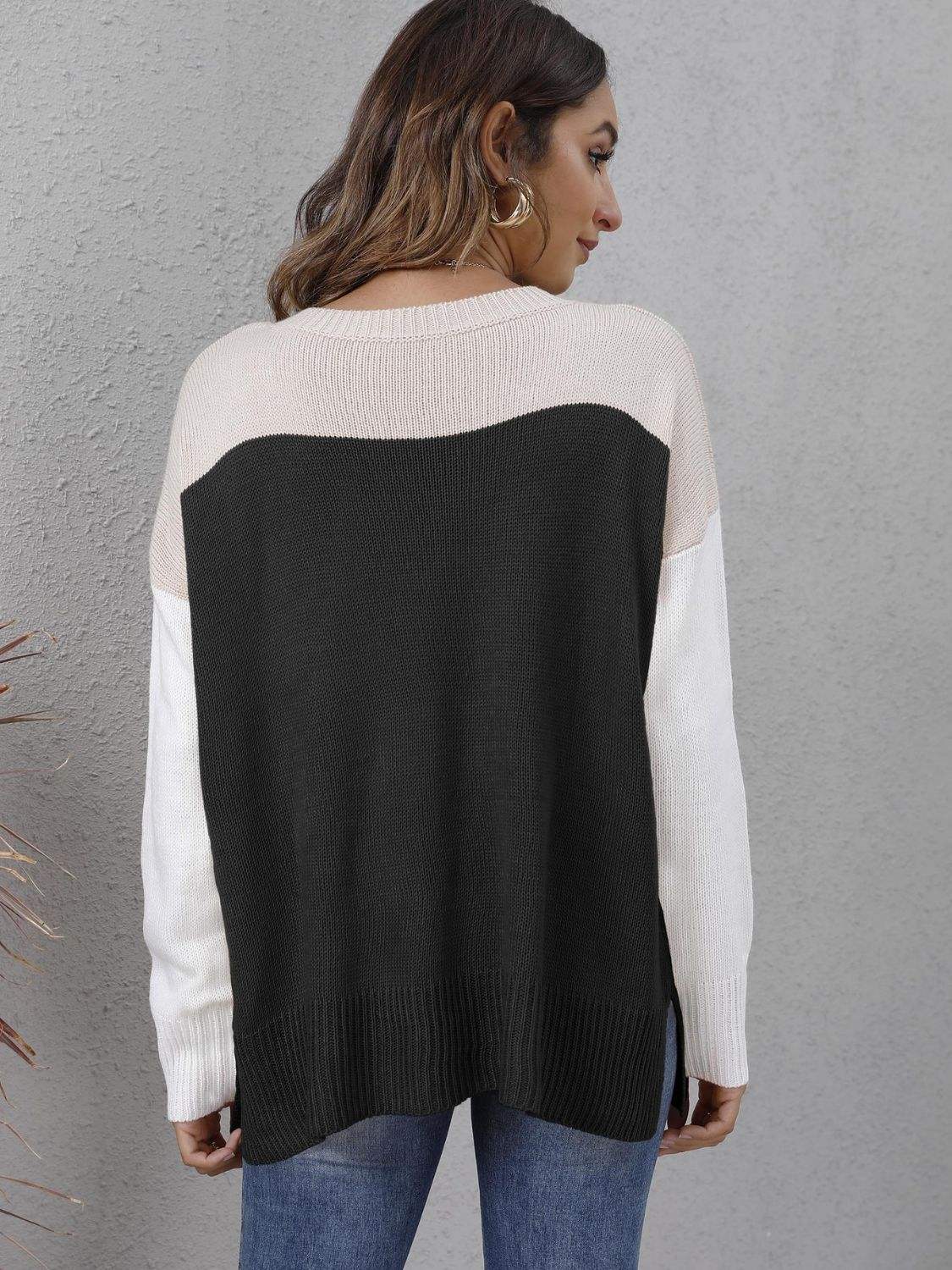 Color Block Round Neck Dropped Shoulder Sweater - Trendsi - Flyclothing LLC