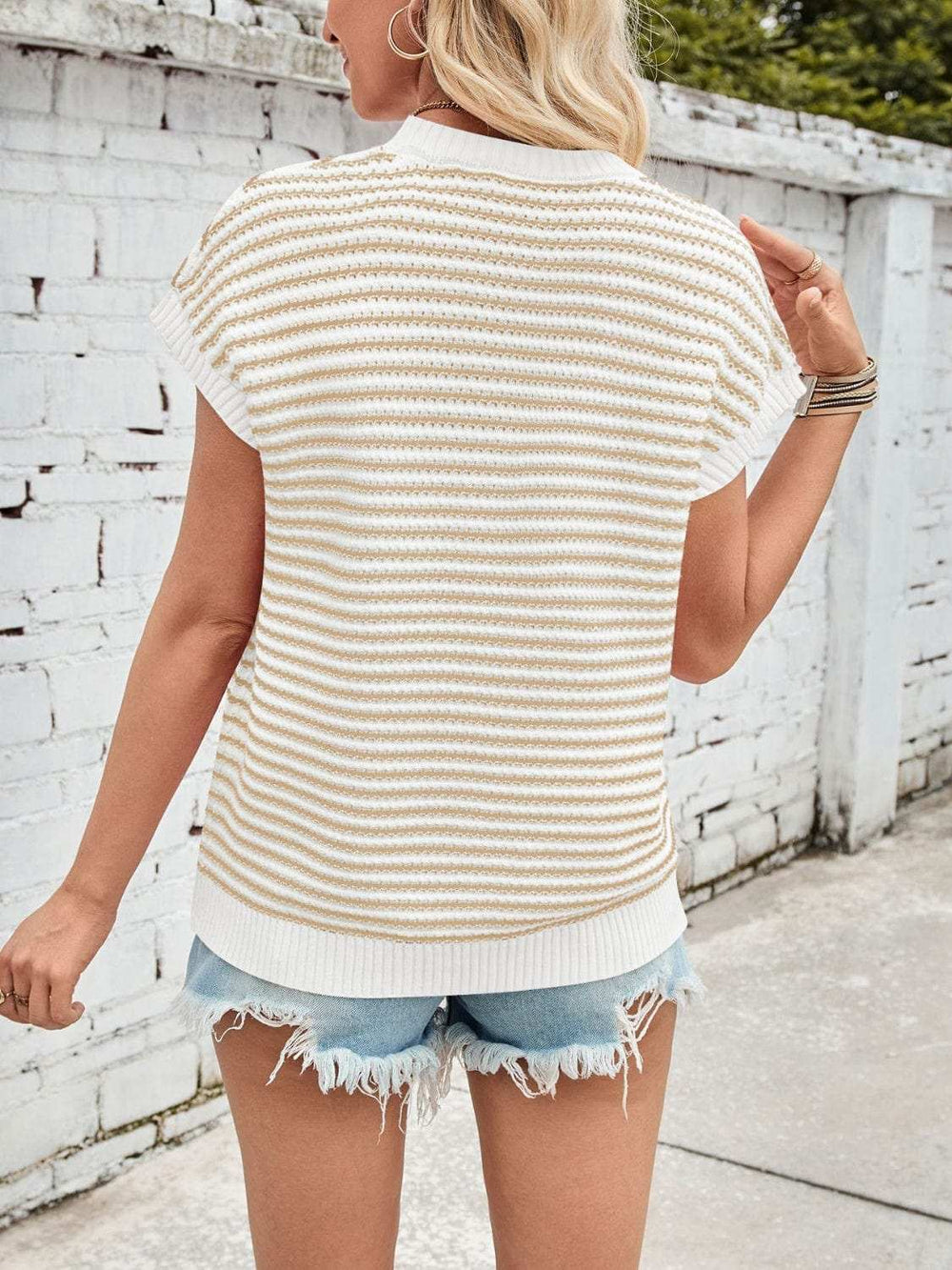 Lovelet Striped Round Neck Cap Sleeve Sweater - Trendsi - Flyclothing LLC