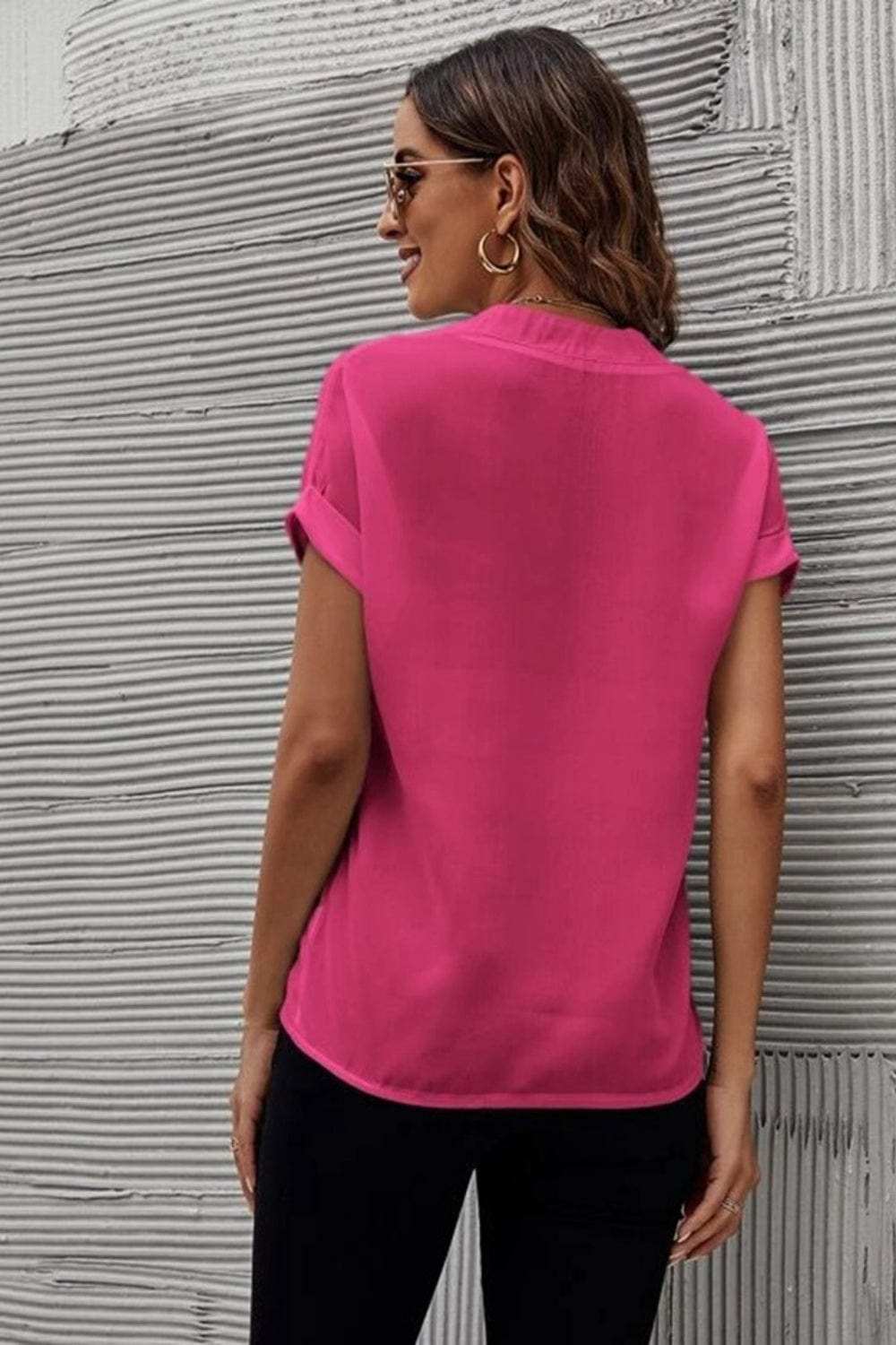 Full Size Notched Short Sleeve Blouse - Trendsi - Flyclothing LLC