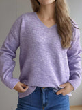 V-Neck Dropped Shoulder Long Sleeve Sweater - Trendsi - Flyclothing LLC