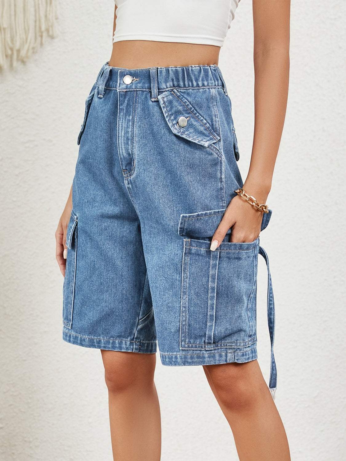 Buttoned Elastic Waist Denim Shorts with Pockets - Trendsi - Flyclothing LLC