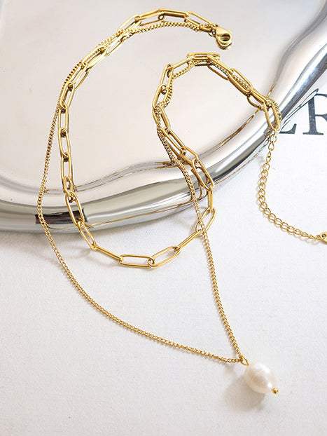Freshwater Pearl Titanium Steel Double-Layered Necklace - Trendsi - Flyclothing LLC