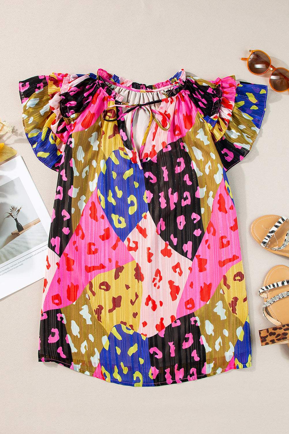 Ruffled Printed Tie Neck Cap Sleeve Blouse - Trendsi - Flyclothing LLC