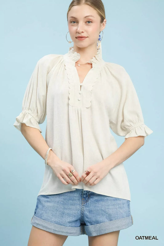Umgee Linen Scalloped Ruffle Neck Blouse - Trendsi - Flyclothing LLC