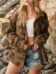 Geometric Button Up Long Sleeve Sherpa Jacket - Trendsi