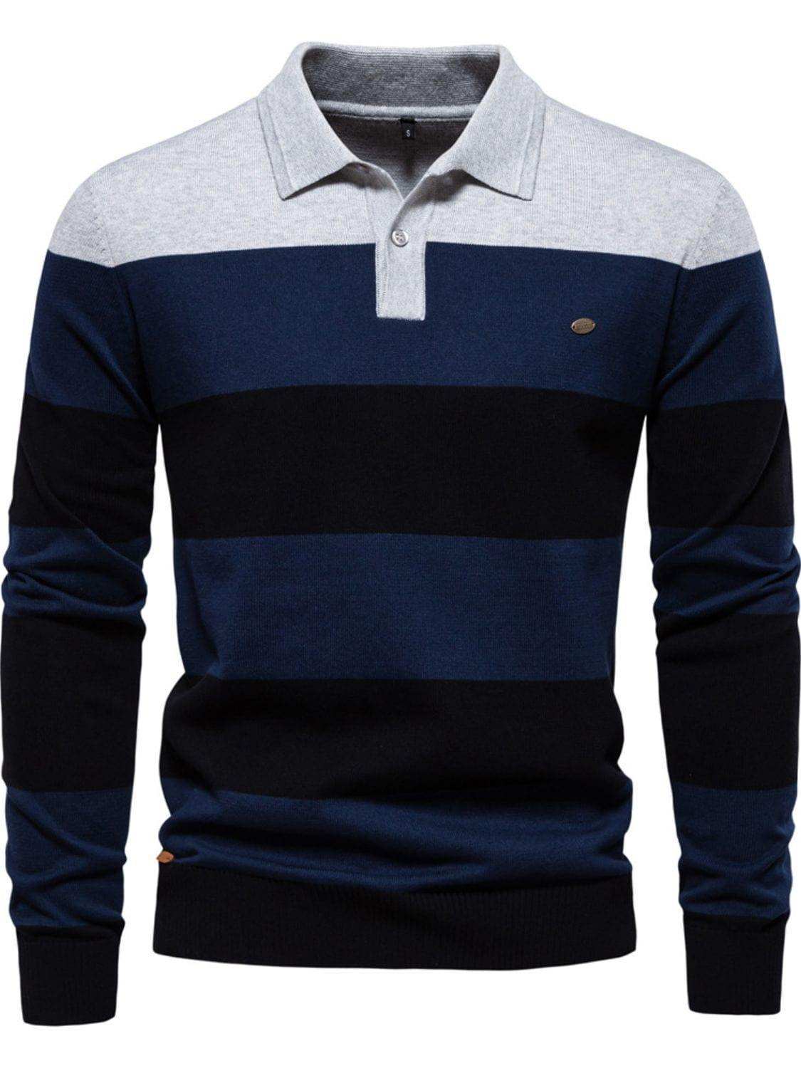 Men's Striped Long Sleeve Knit Polo - Trendsi - Flyclothing LLC