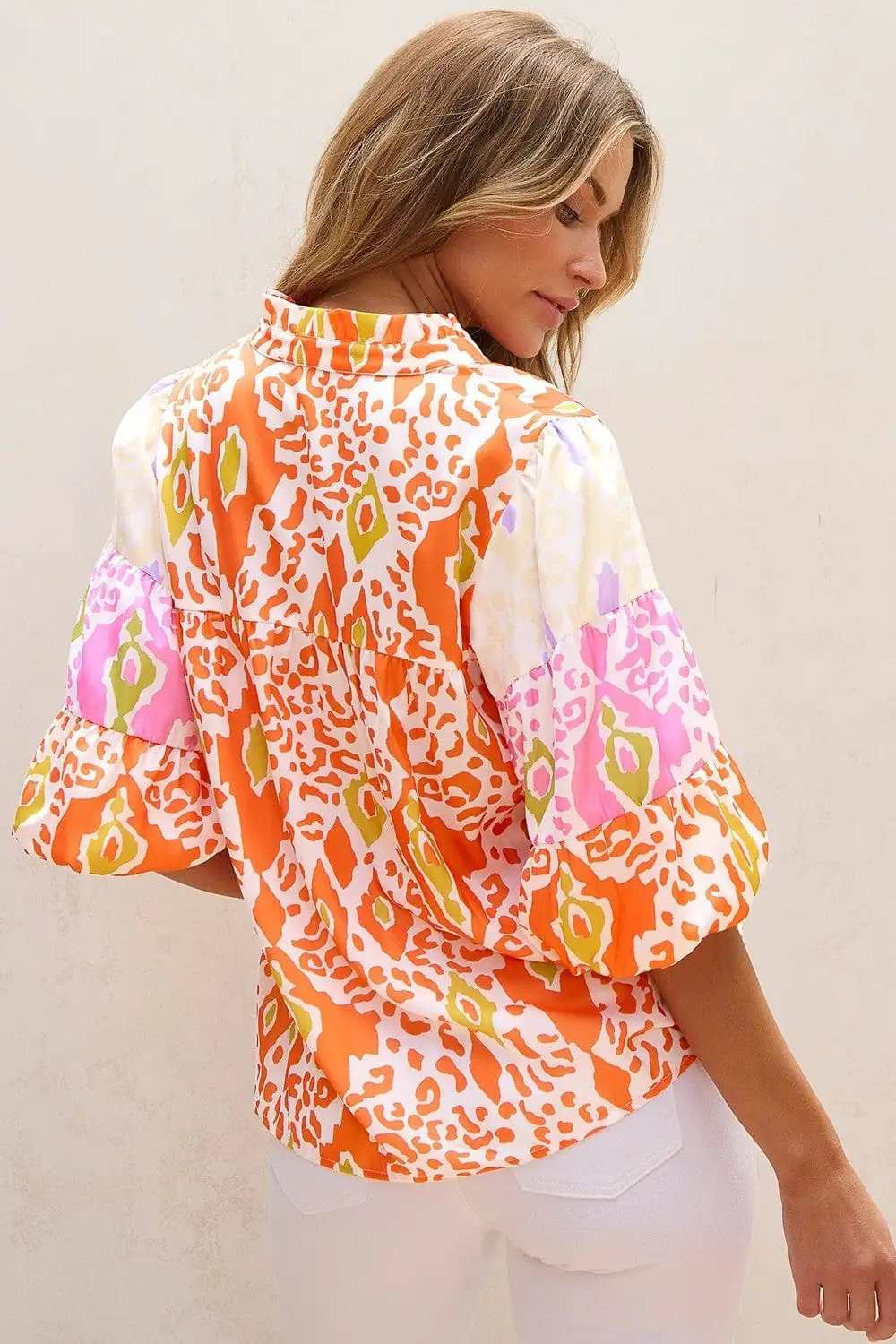 Printed Notched Half Sleeve Blouse - Trendsi - Flyclothing LLC
