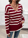 Striped V-Neck Long Sleeve Knit Top - Trendsi - Flyclothing LLC