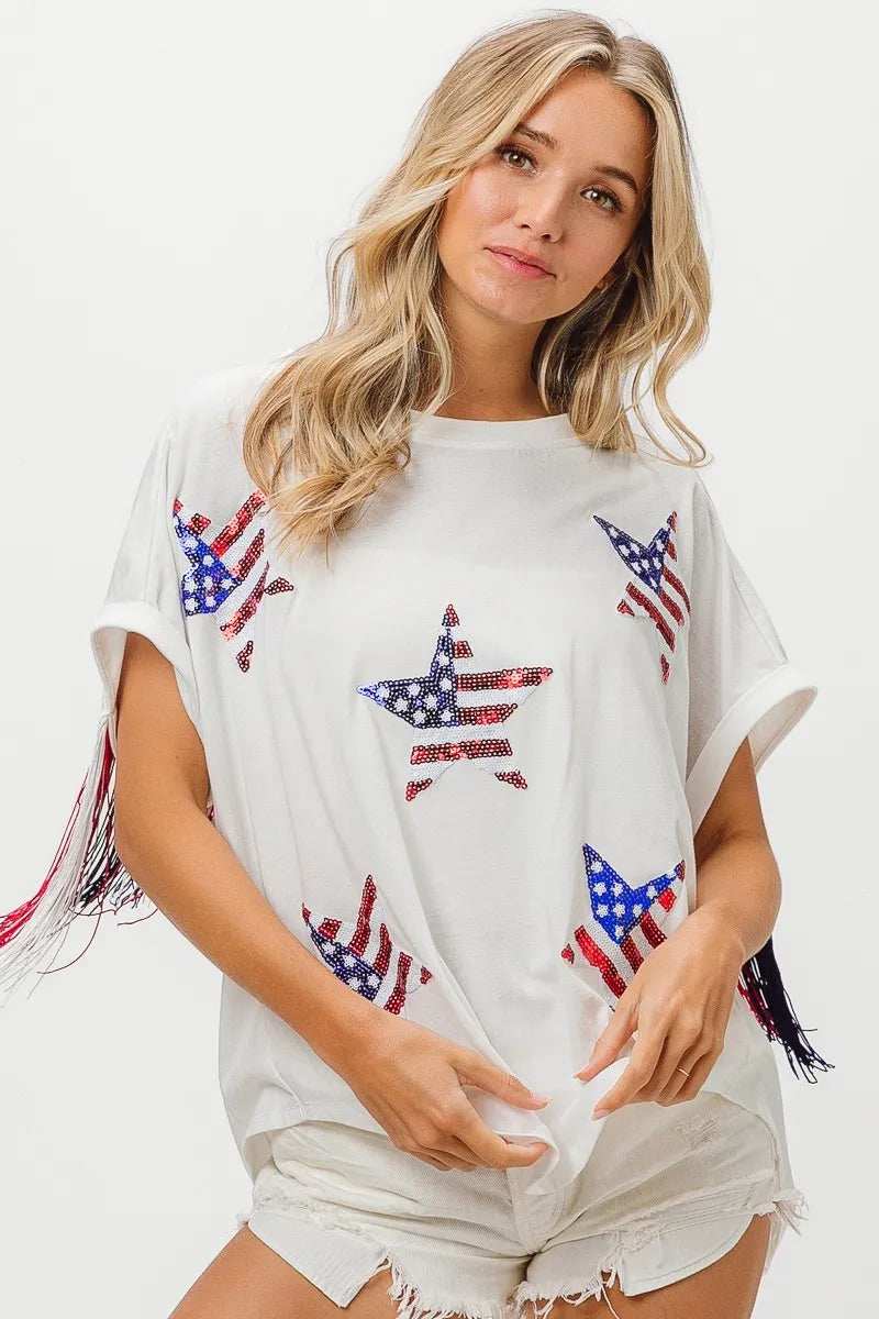 BiBi American Flag Sequin Star Fringe Top - Trendsi - Flyclothing LLC