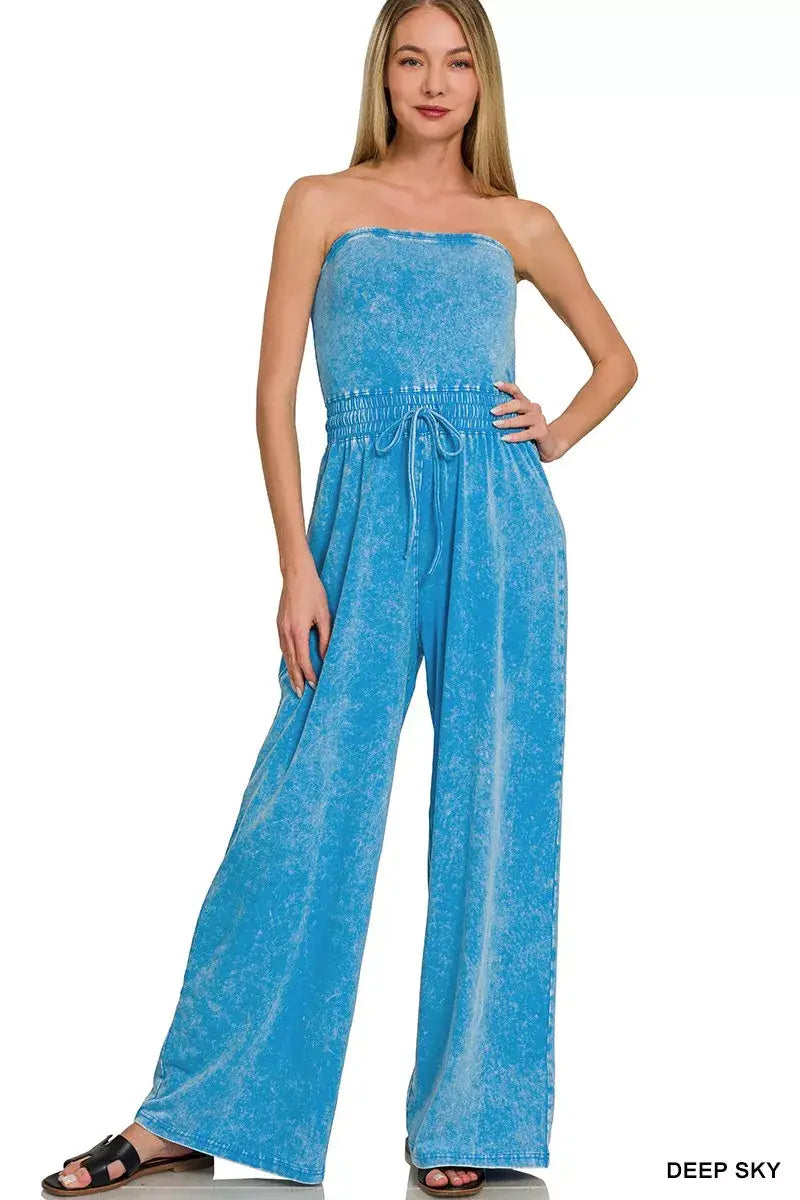 Zenana Acid Washed Strapless Tube Top Jumpsuit - Trendsi - Flyclothing LLC