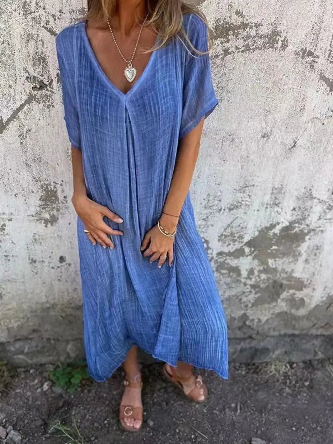 Full Size V-Neck Short Sleeve Midi Dress Plus Size - Trendsi - Flyclothing LLC