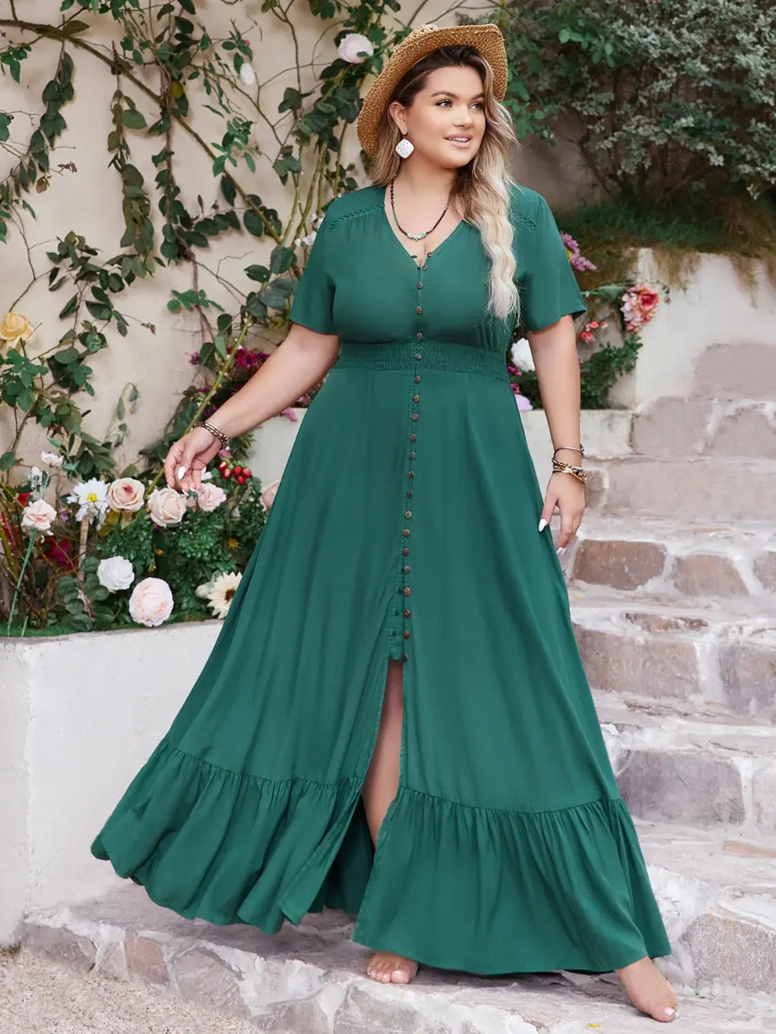 Plus Size Button Detail V-Neck Short Sleeve Maxi Dress - Trendsi - Flyclothing LLC