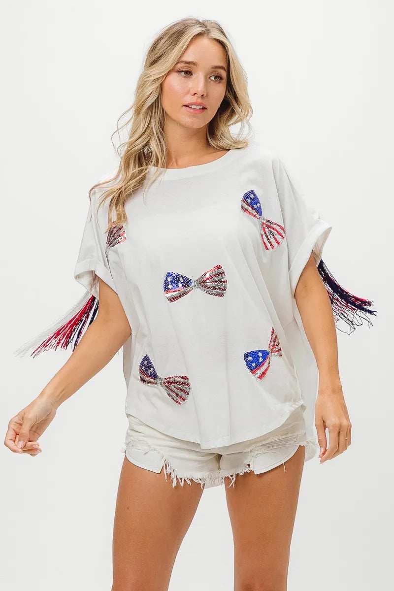 BiBi American Flag Sequin Ribbon T-Shirt - Trendsi - Flyclothing LLC