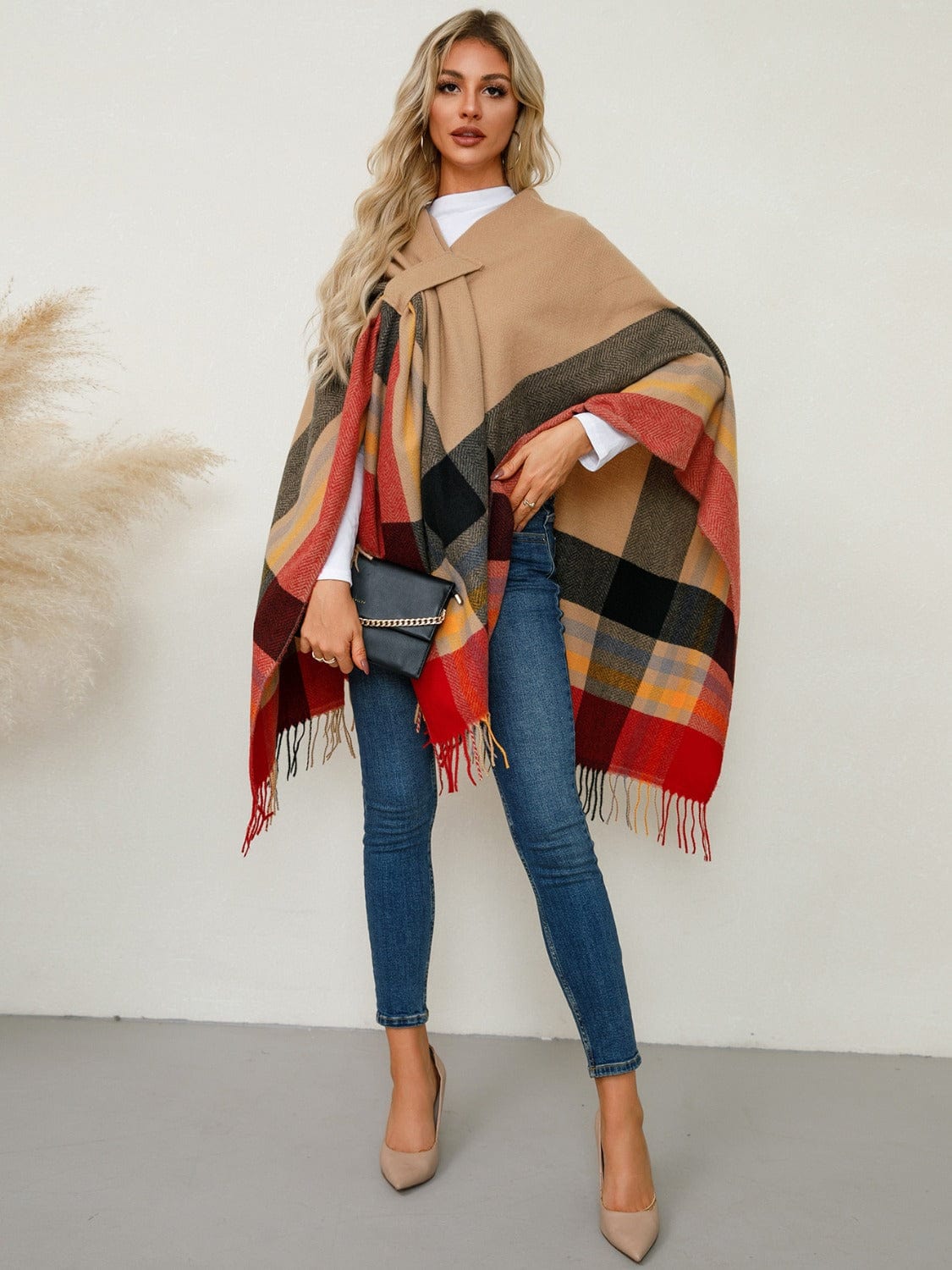 Fringe Contrast Plaid Poncho - Trendsi
