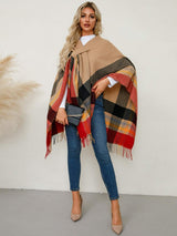 Fringe Contrast Plaid Poncho - Trendsi - Flyclothing LLC