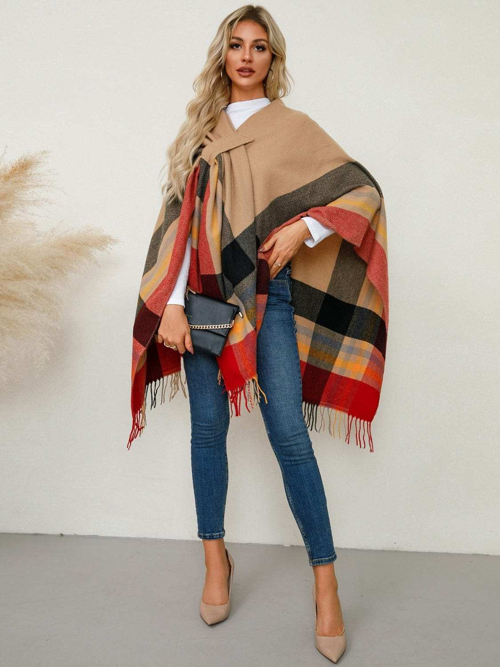 Fringe Contrast Plaid Poncho - Trendsi - Flyclothing LLC