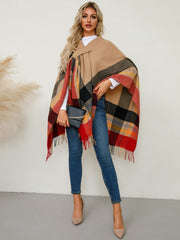 Fringe Contrast Plaid Poncho - Trendsi