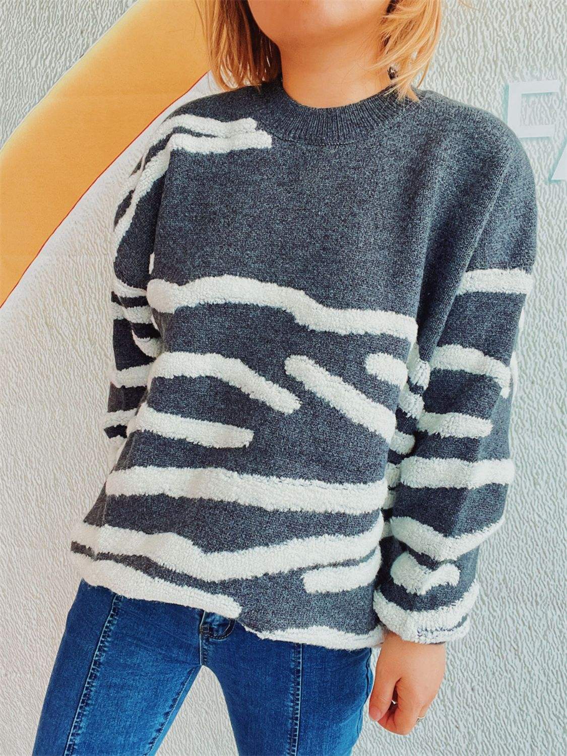 Contrast Round Neck Long Sleeve Sweater - Trendsi - Flyclothing LLC