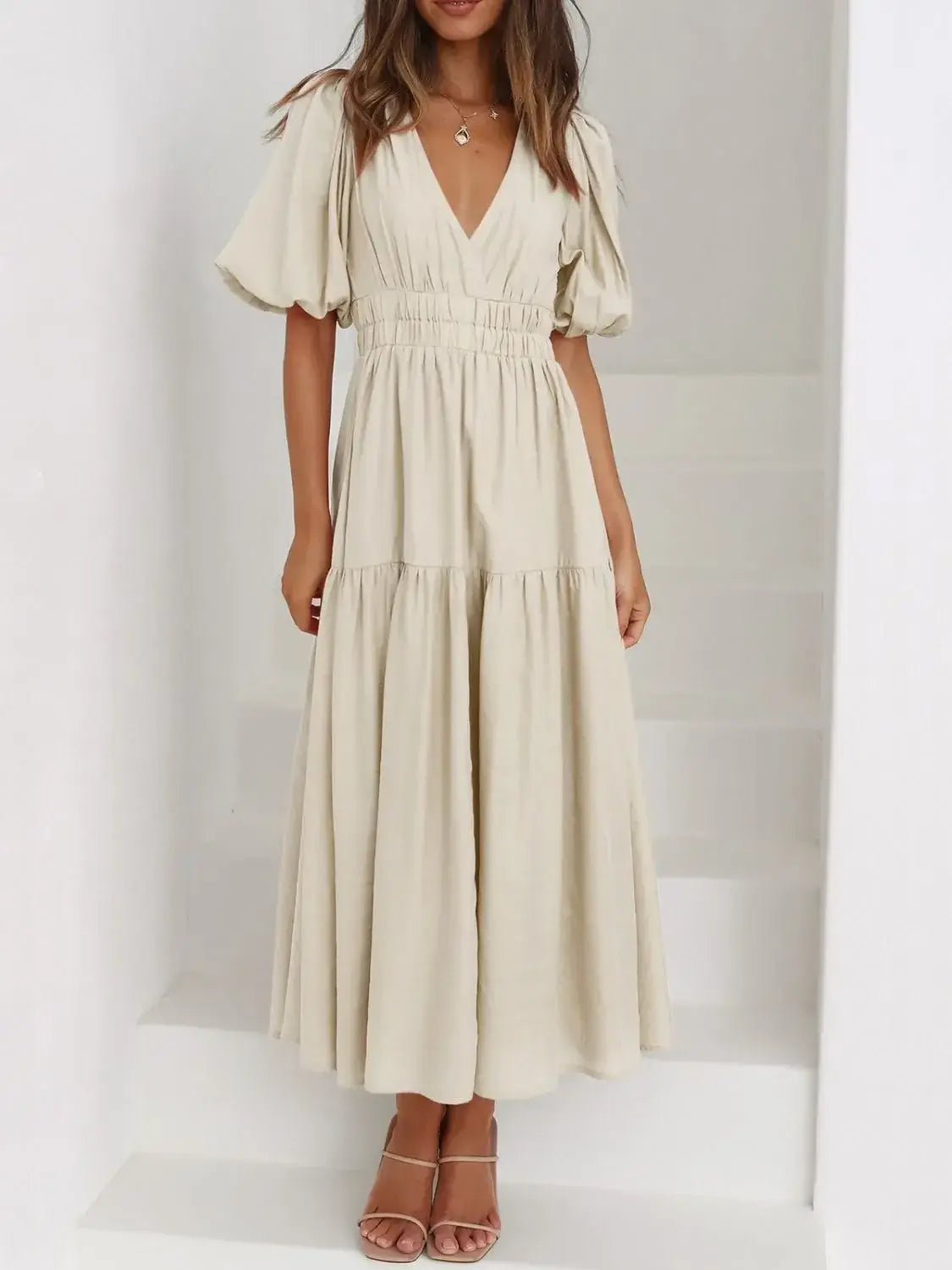 V-Neck Puff Sleeve Midi Dress - Trendsi - Flyclothing LLC