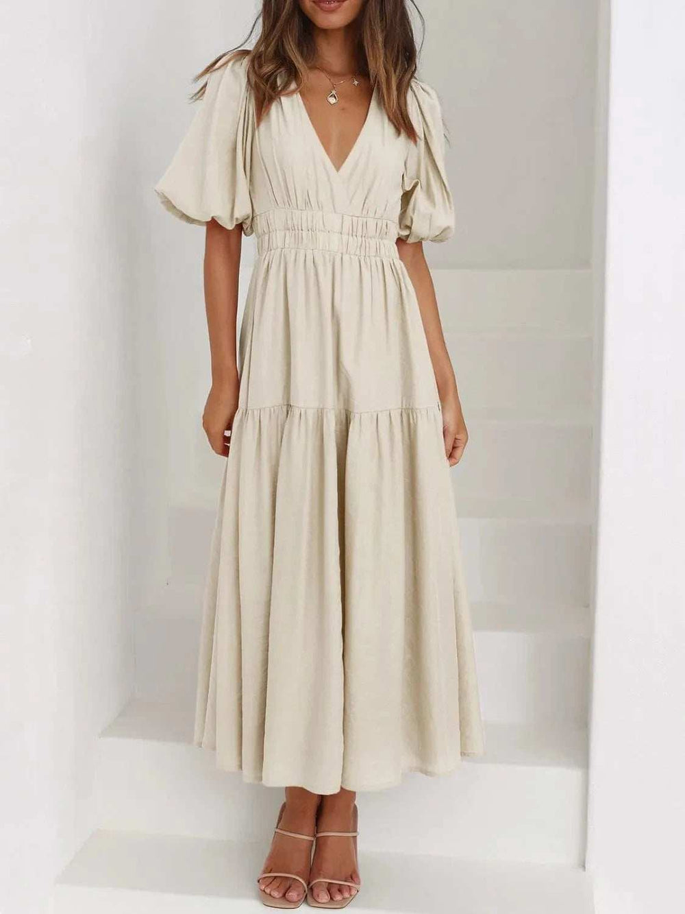 V-Neck Puff Sleeve Midi Dress - Trendsi - Flyclothing LLC