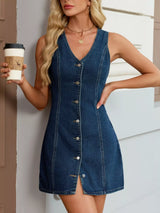 Sleeveless Button-Front Denim Dress - Trendsi - Flyclothing LLC
