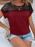 Contrast Lace Round Neck Short Sleeve Blouse - Trendsi