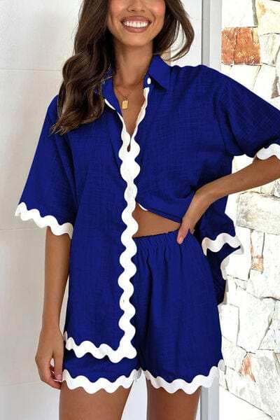 Contrast Trim Half Sleeve Top and Shorts Set - Trendsi - Flyclothing LLC