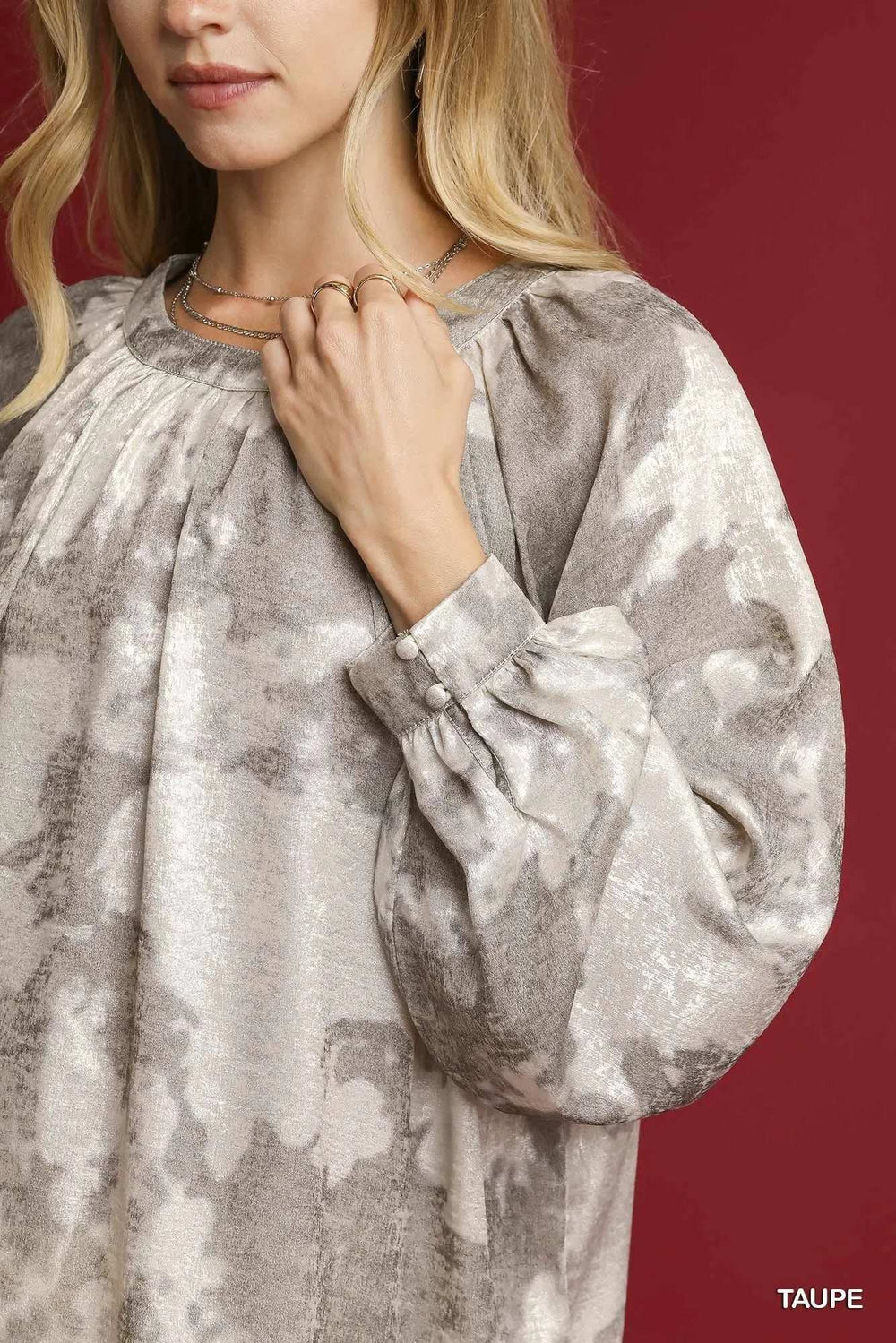 Umgee Full Size Metallic Fabric Blouse with Balloon Sleeves Plus Size - Trendsi - Flyclothing LLC