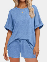 Round Neck T-Shirt and Drawstring Shorts Set - Trendsi - Flyclothing LLC