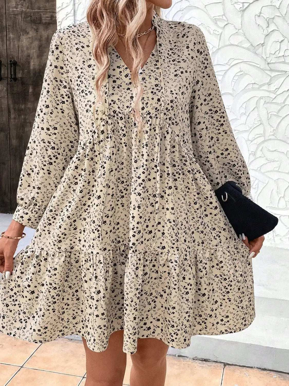 Tied Printed Long Sleeve Mini Dress - Trendsi - Flyclothing LLC