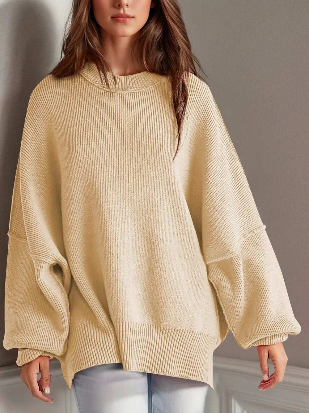 Double Take Side Slit Round Neck Long Sleeve Sweater - Trendsi - Flyclothing LLC