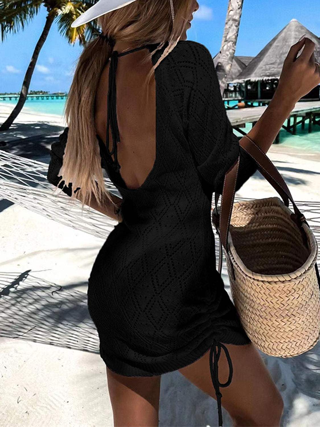 Backless Openwork Drawstring Round Neck Cover Up - Trendsi - Flyclothing LLC