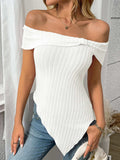 Ribbed Off-Shoulder Asymmetrical Hem T-Shirt - Trendsi - Flyclothing LLC