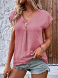 Decorative Button V-Neck Short Sleeve Blouse - Trendsi - Flyclothing LLC